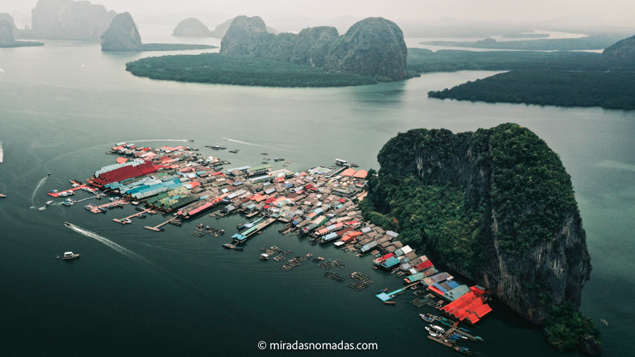 aerial view of koh panyi and the landscape surrounding the island taken with carlos' drone